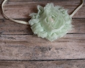 Single Shabby flower of your color choice on a skinny elastic band with a glass pearl center, perfect for any age