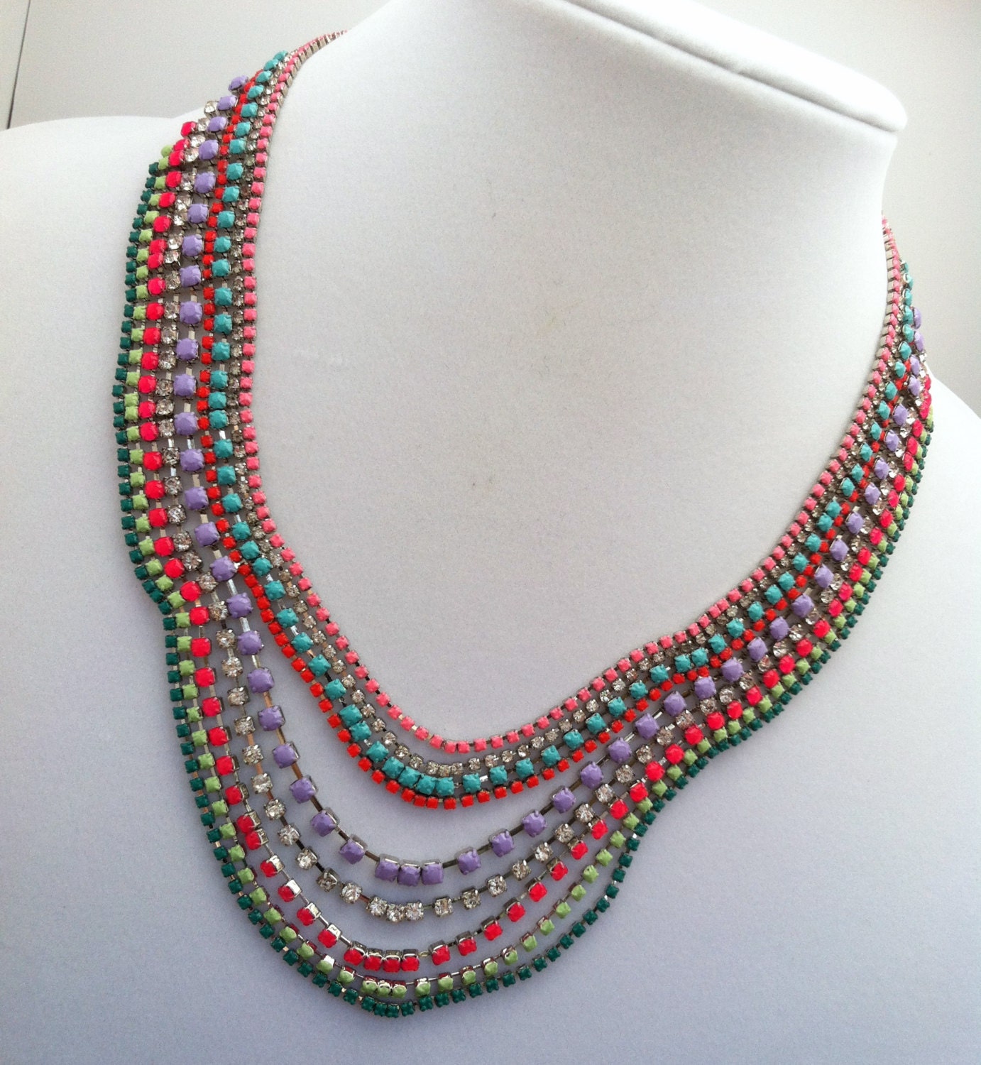 Neon Spring Vintage Hand Painted Rhinestone Statement Necklace