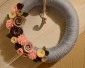 12 inch EASTER BLUE Yarn Covered Straw Wreath with Handcrafted Felt Flowers