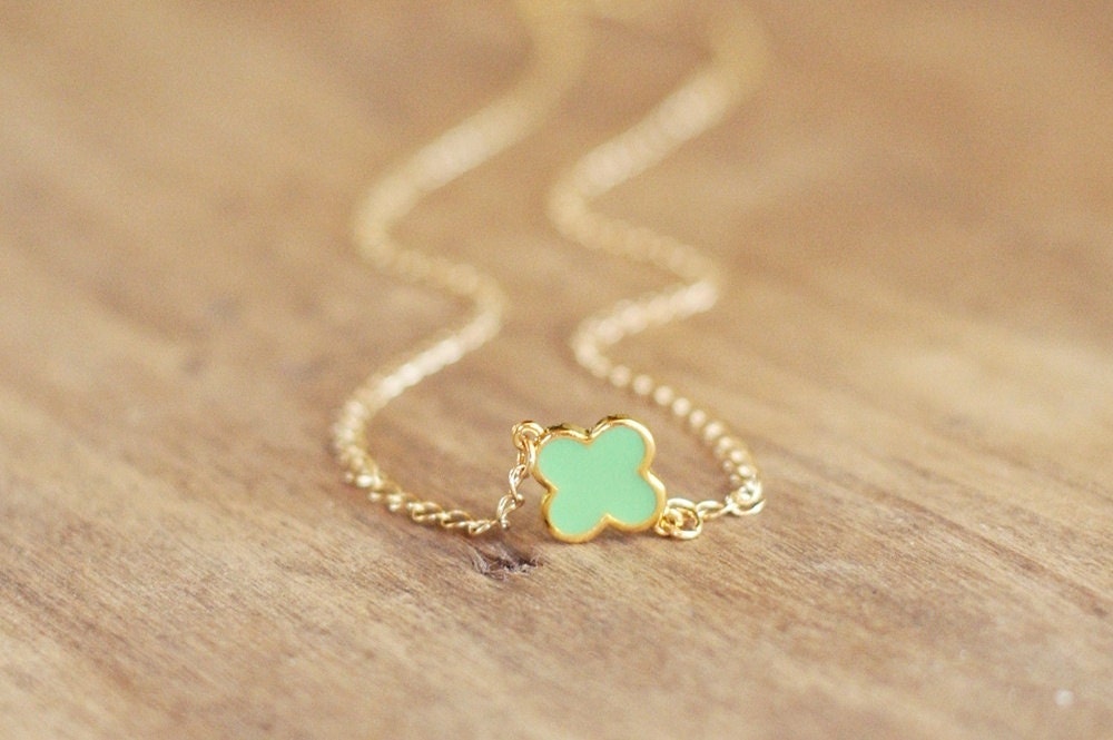 Mint Green and Gold Quatrefoil Charm Necklace
