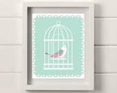 Bird Cage Print, 8x10 Poster, Mint,, Grey and Pink