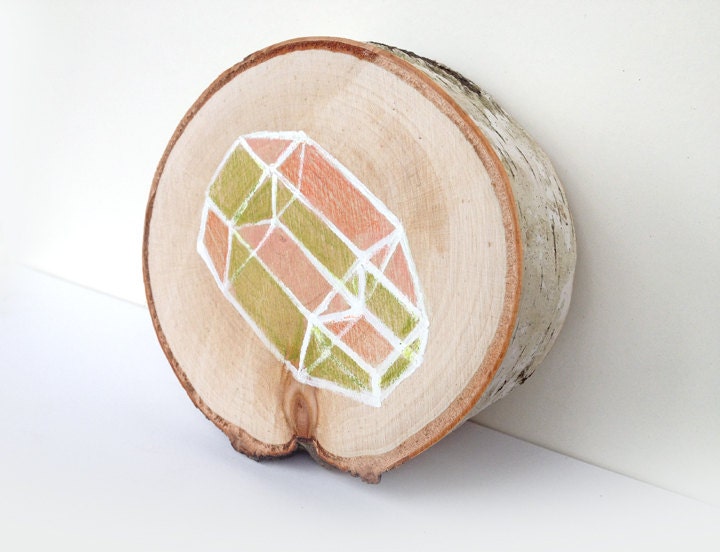 modern geometric minimalist art faceted crystal, tree slice set / series / reclaimed eco friendly / pink green, chartreuse, wood natural