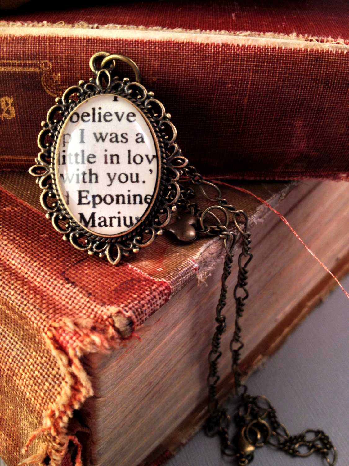Eponine and Marius Les Miserables Victor Hugo Antiqued Bronze Book Page Necklace