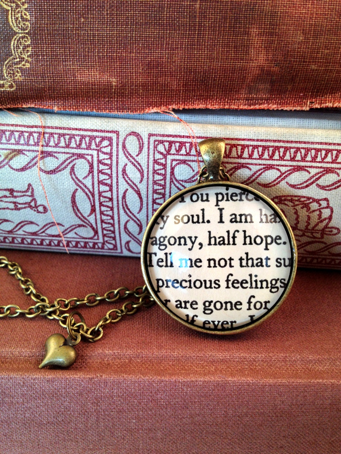 Persuasion Jane Austen Antiqued Bronze Book Page Literature Book Quote Necklace You pierce my soul I am half agony half hope
