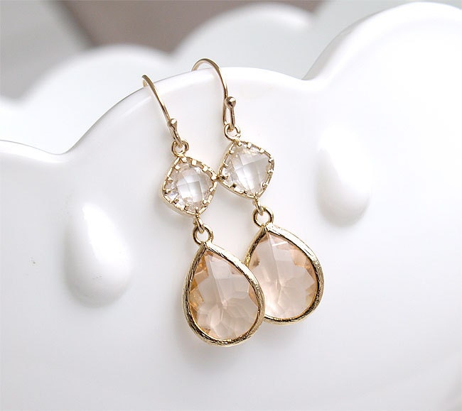 Champagne Earrings in Gold - Bridesmaid Earrings - Blush Earrings - Peach Earrings - Gift For Her - Wedding Jewelry, Bridesmaid Jewelry