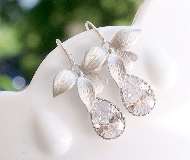 Wedding Earrings - Orchid and Cubic Zirconia Earrings in Silver on Sterling Silver Earwire - Bridesmaid Earrings, Bridal Jewelry