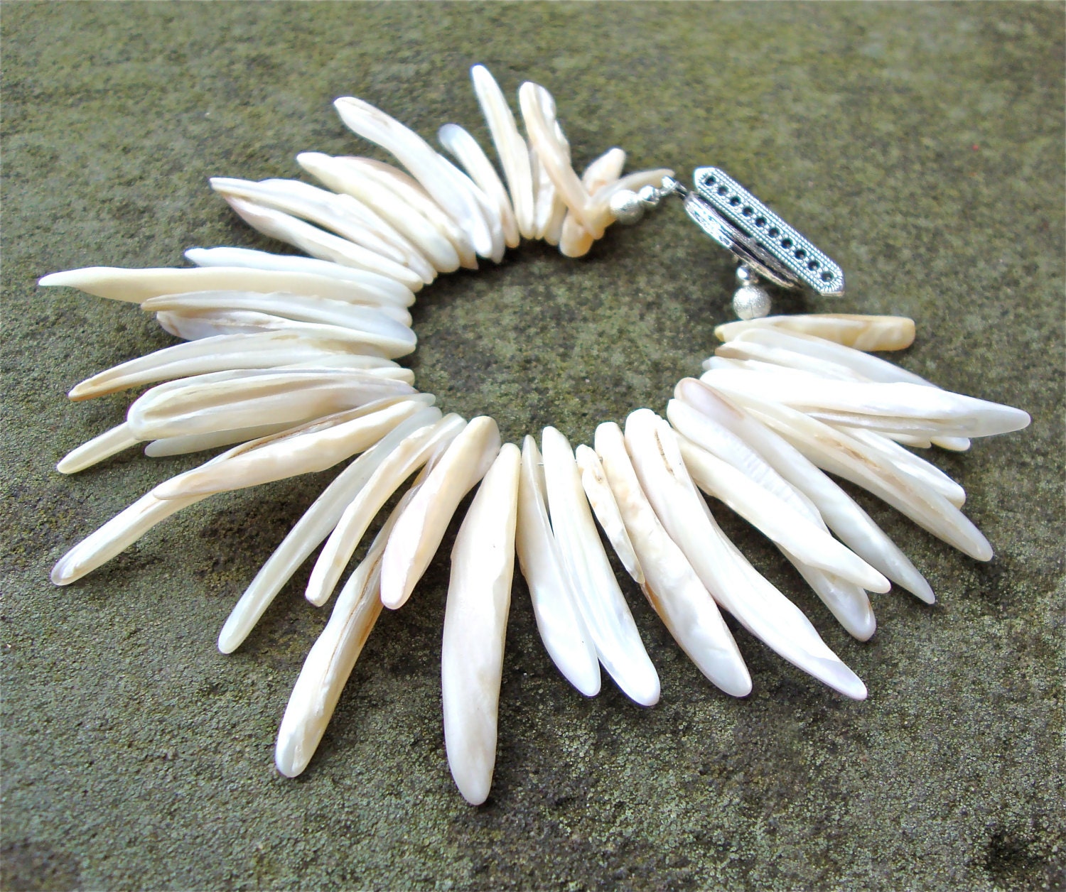 Chunky shell bracelet - tribal bracelet - funky statement bracelet - mother of pearl bracelet - white shell bracelet by Sparkle City Jewelry