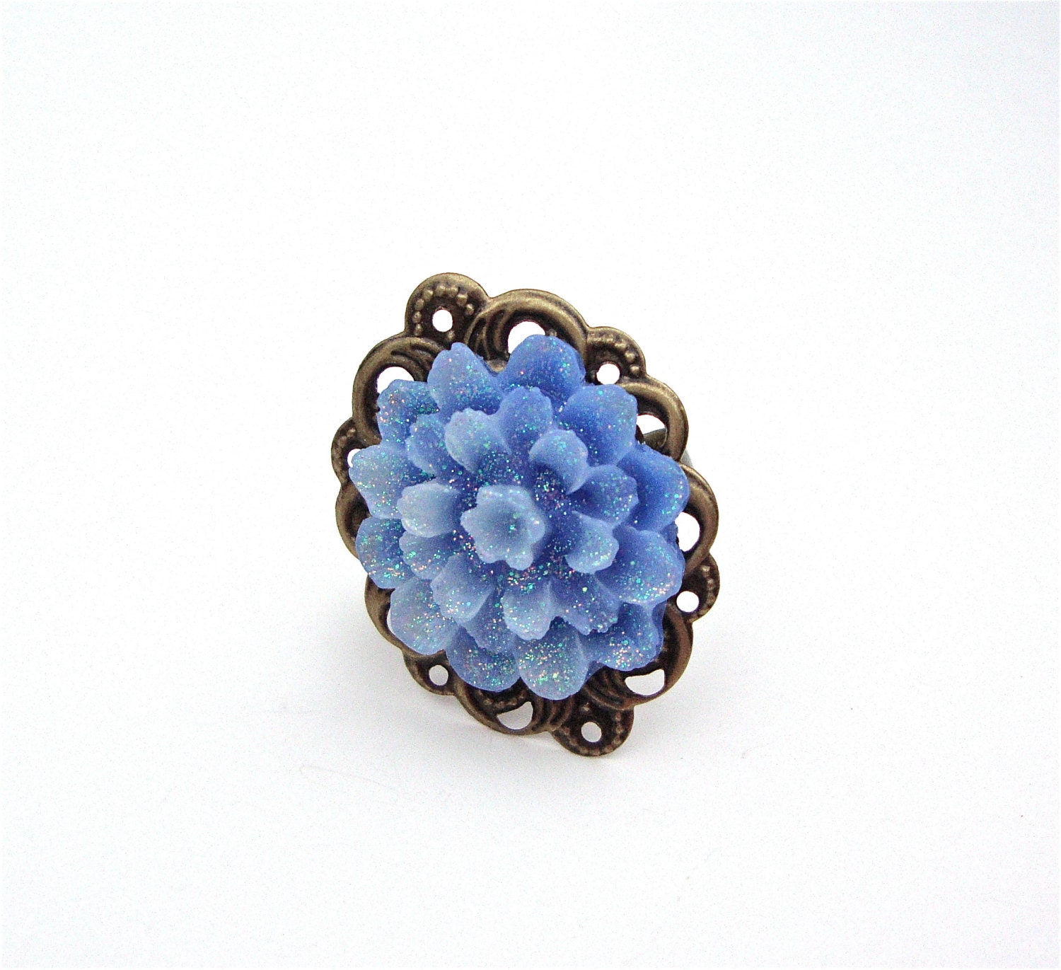 Cute powder blue flower ring - boho ring - antiqued bronze ring - summer ring by Sparkle City Jewelry