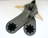Crochet woman's scarf, grey long neckwarmer, infinity scarf with appliques, wool scarflette