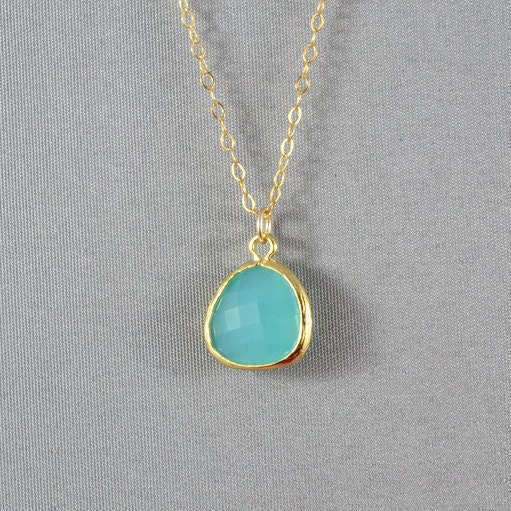 Aquamarine Glass Necklace, Gold Plated Bezel Charm, 14K Gold Filled Chain, Beautiful Necklace