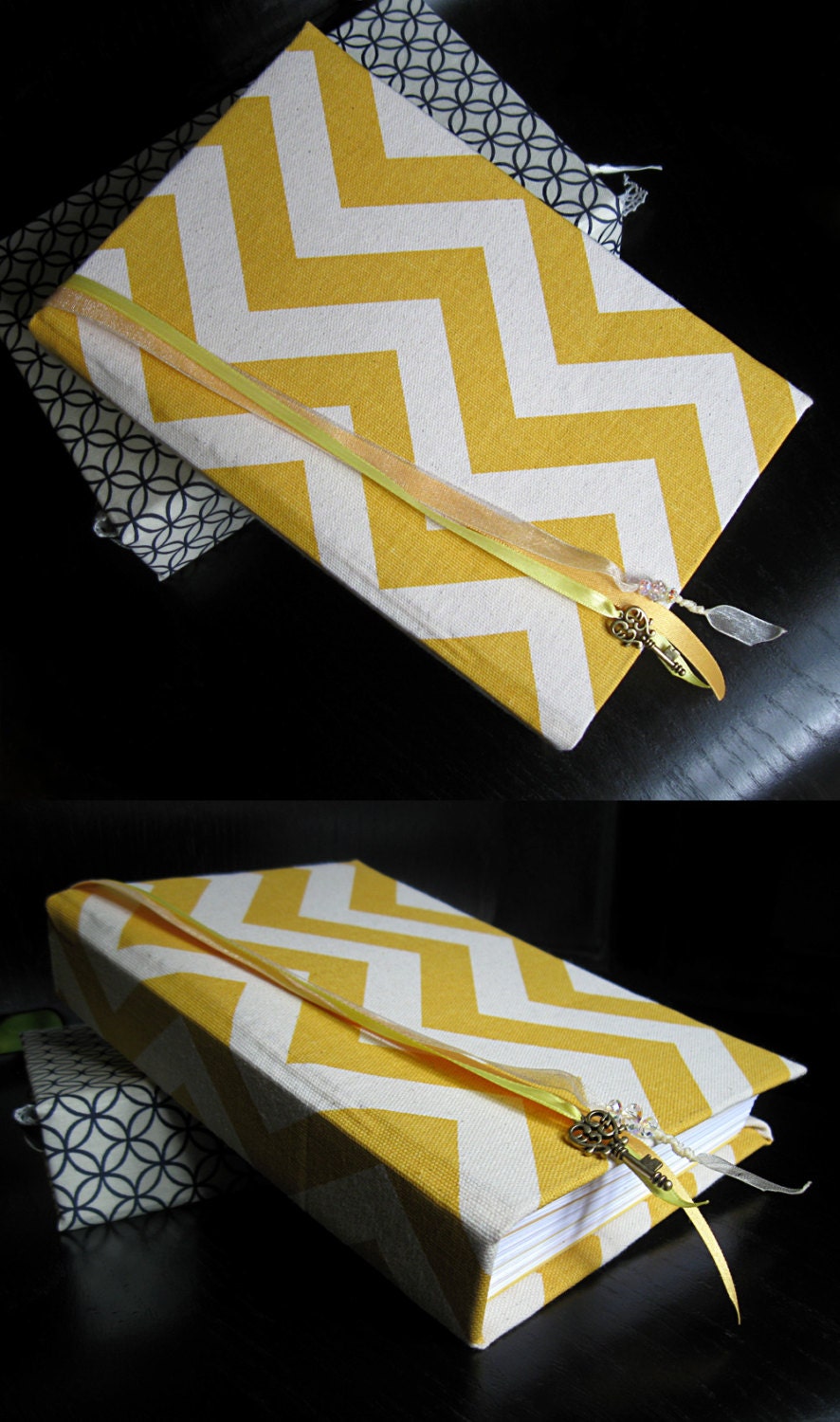 Custom Hand Bound Journal with Yellow and Ivory Chevron Cover, Sewn-In Ribbon Bookmarks, and Gold Key Charm
