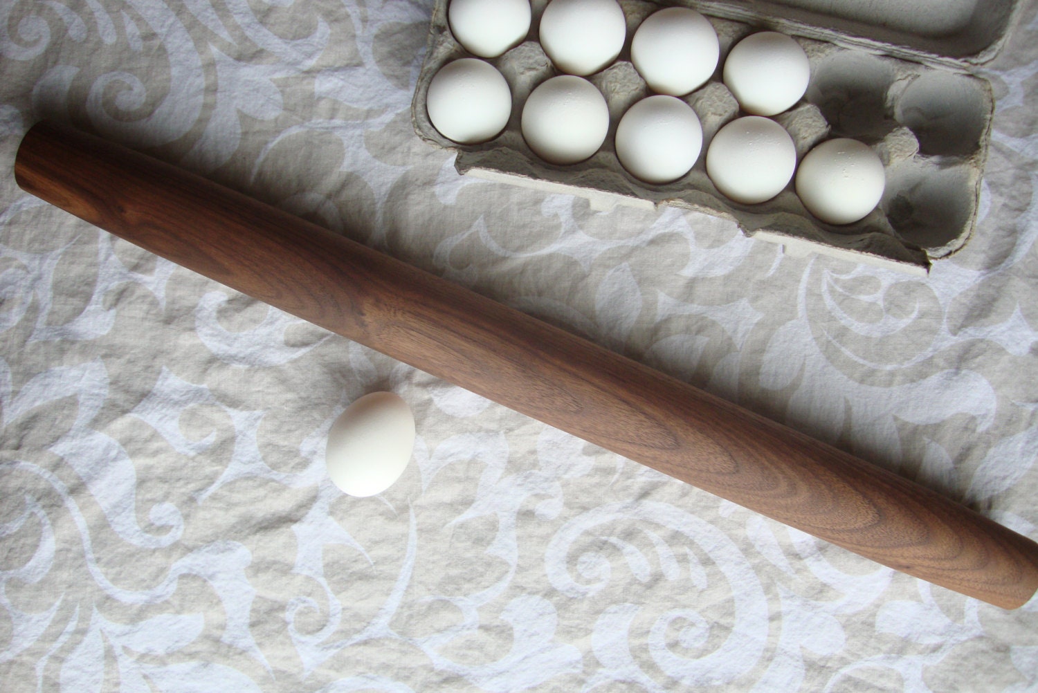 Large Black Walnut french rolling pin, no handles, dark brown wood, 22 inches
