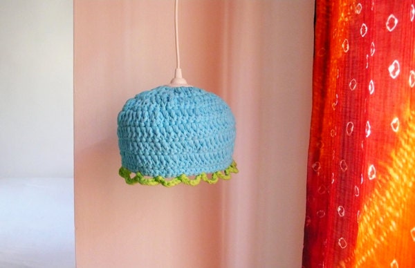 Pendant lamp with crocheted lampshade and cable -  blue and green
