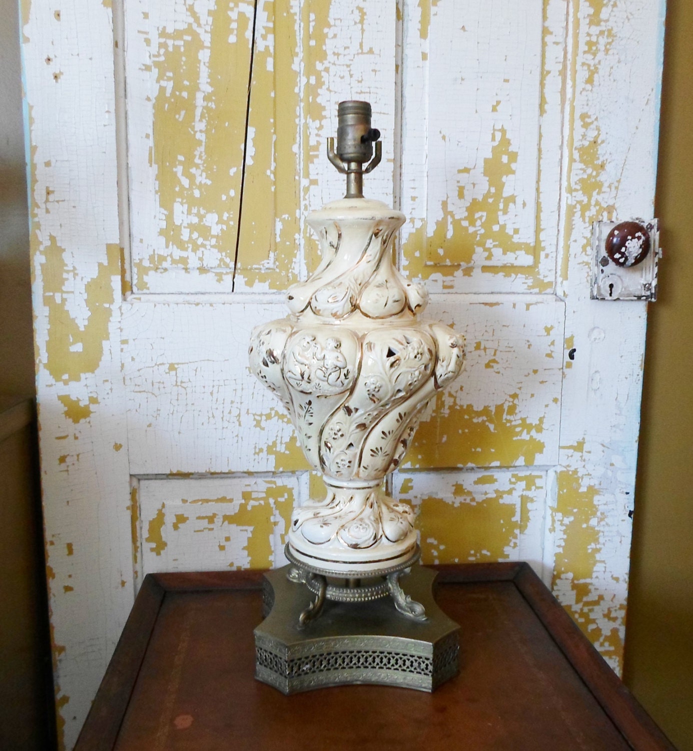 Vintage Pair of Ornate Ceramic Table Lamps, Brass, Cherub, Flowers, Gold, Lighting, Light, Hollywood Regency, Cottage Chic, Shabby Chic