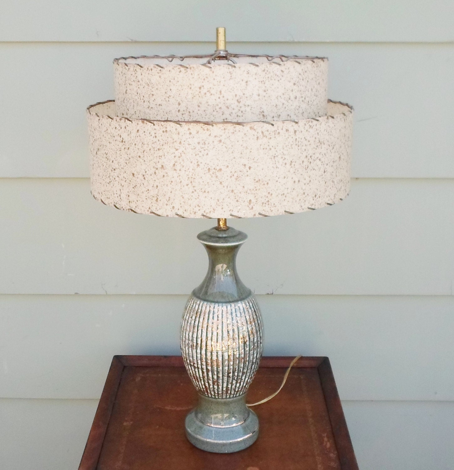 Vintage Mid Century Modern Ceramic Table Lamp and Two Tier Fiberglass Shade, Green, Gold, Atomic, Mod, Hollywood Regency, Lighting