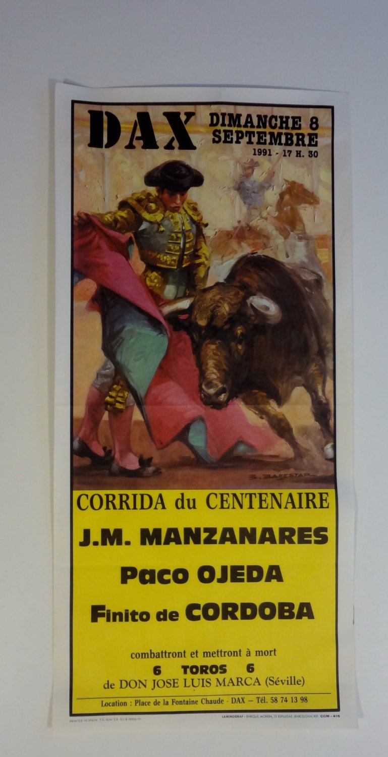 FREE SHIPPING - Vintage French BULLFIGHTING Bullfight Poster (No. 2 of 2) - "Corrida du Centenaire - Dax" - the real thing, very collectible