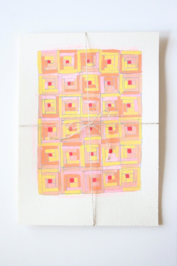 Set of 7: Watercolor Studies, Log Cabin Quilts