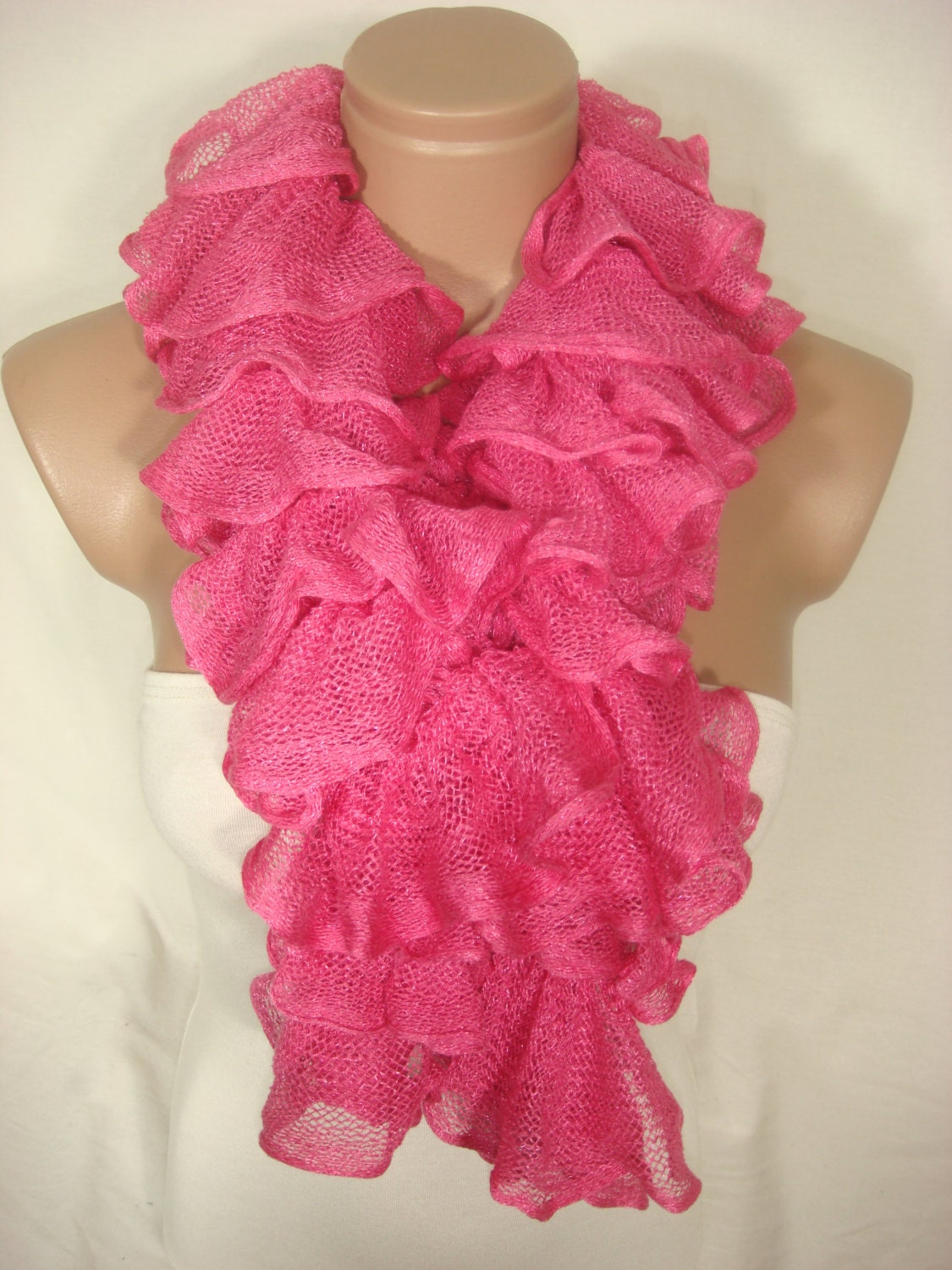 Ruffle Scarf, Frilly Scarf, Knitted Ruffled Scarf (Fuchsia) for Women by Arzu's Style