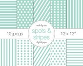Digital Paper Mint green polka dots and stripes Pack of 10 - INSTANT DOWNLOAD 12x12"