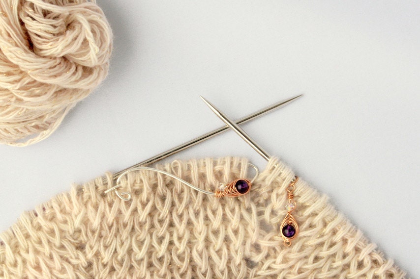 Bronze Feather Knitting Tool Set With Amethyst Stones - Handmade in Sterling Silver and Bronze