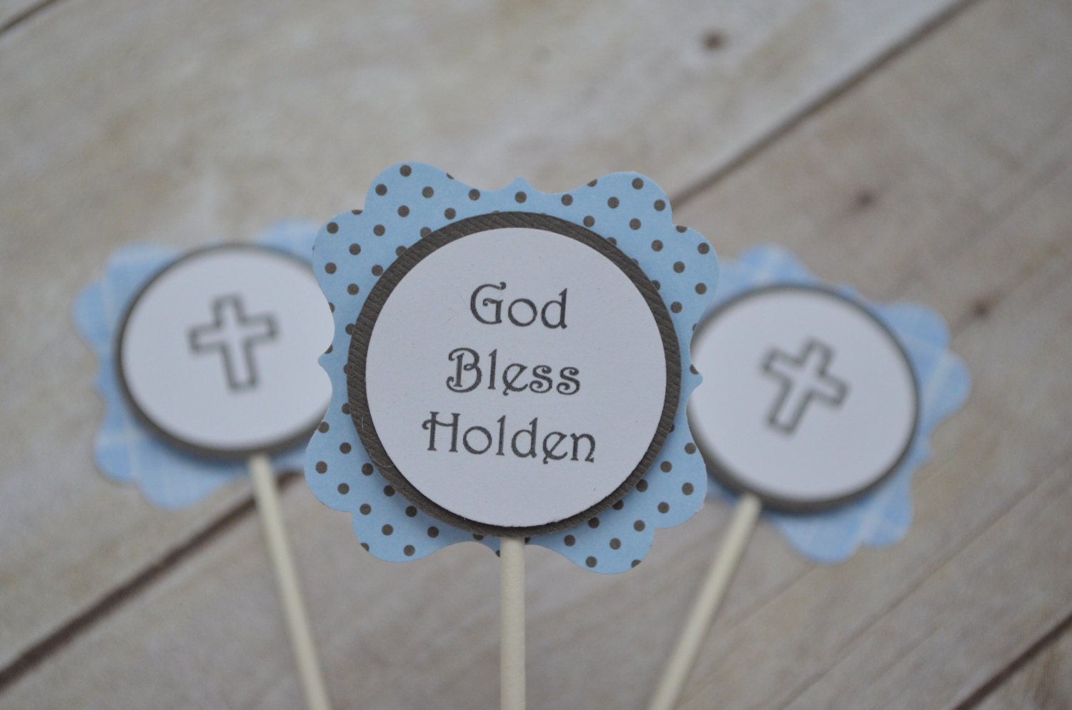 Blue, Gray, and White Flourish Cupcake Toppers for Christening or Baptism