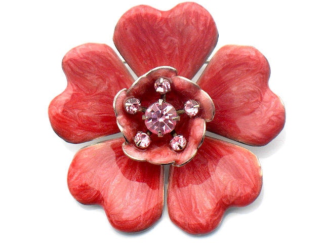 PINK HEART Flower Brooch Enamel Rhinestone Vintage Collectable Jewelry Pin 1950s Spring Summer Unsigned Beauty