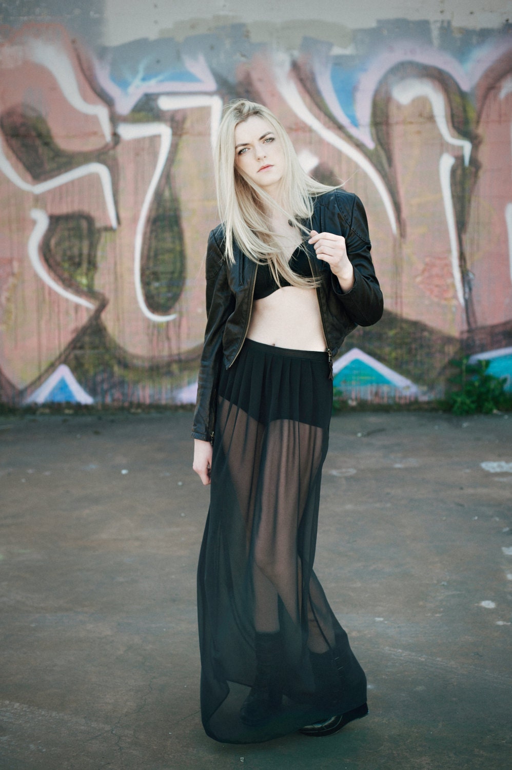 Long sheer maxi skirt - night black chiffon with jersey mini skirt, dramatic statement piece gothic grunge fashion - medium