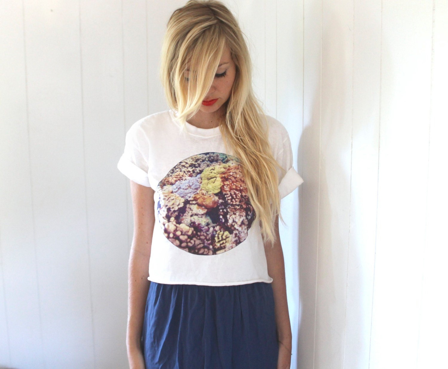 Small -Medium Hawaiian Coral Cut Off Crop top