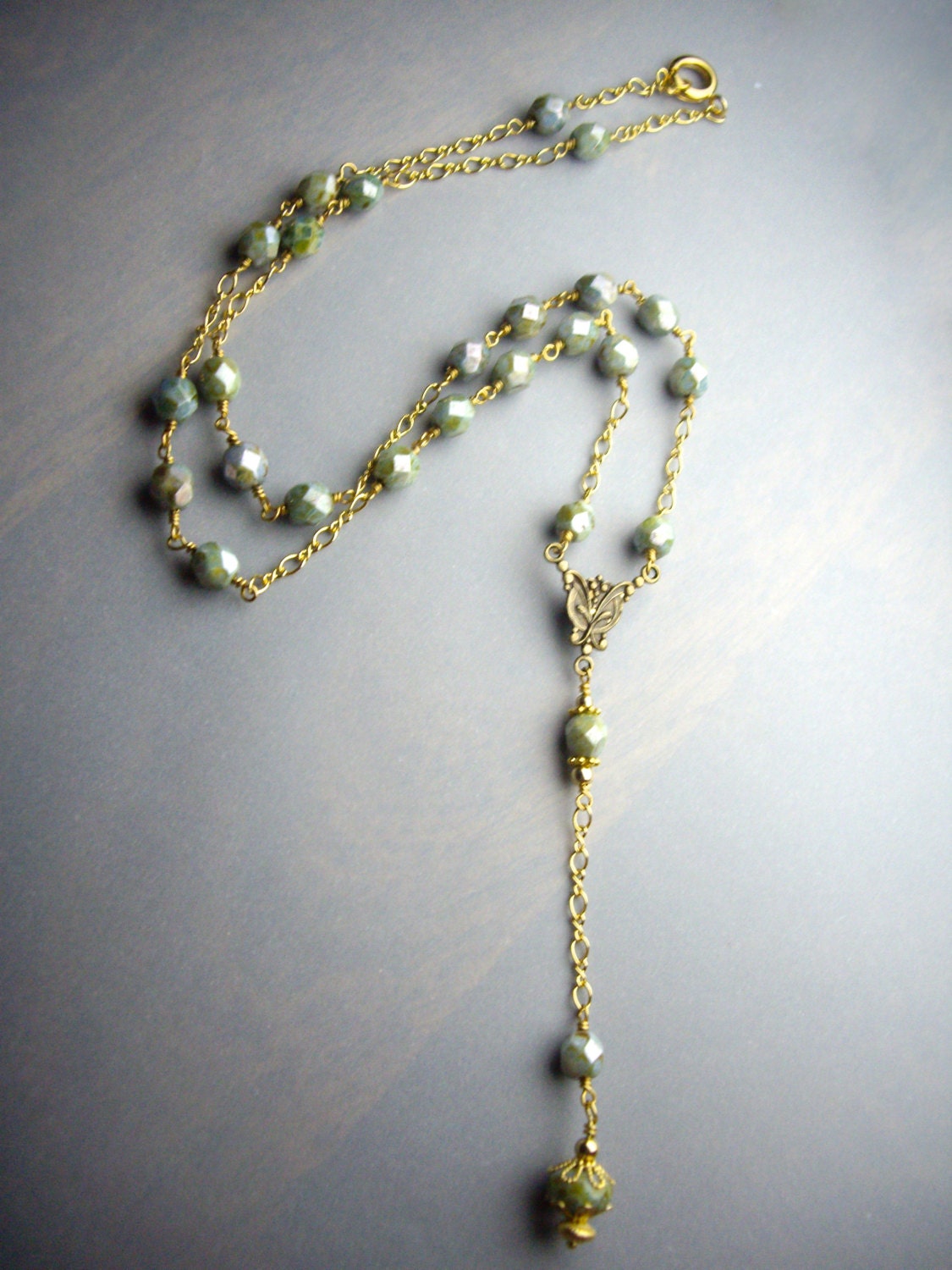 Green and Gold Vintage Rosary Style necklace
