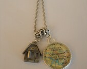 School House Pendant Necklace World Map of Any Location Silver or Black Suede Chain - Grade School, University, College, High School
