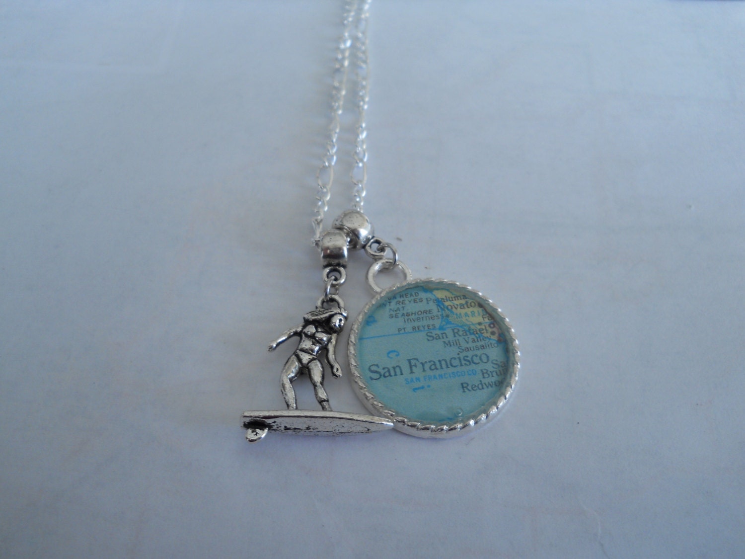 Surfer with World Map of Any Location Pendant Necklace  - Best Gift For Surfers.