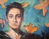 Self Portrait with Birds, 8x10 PRINT of original oil painting of a woman's face with flying birds