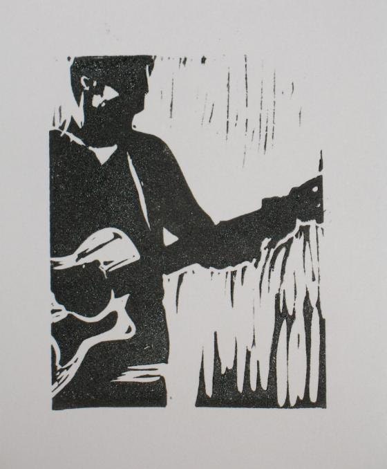 Guitar player black and white  linocut relief print silhouette