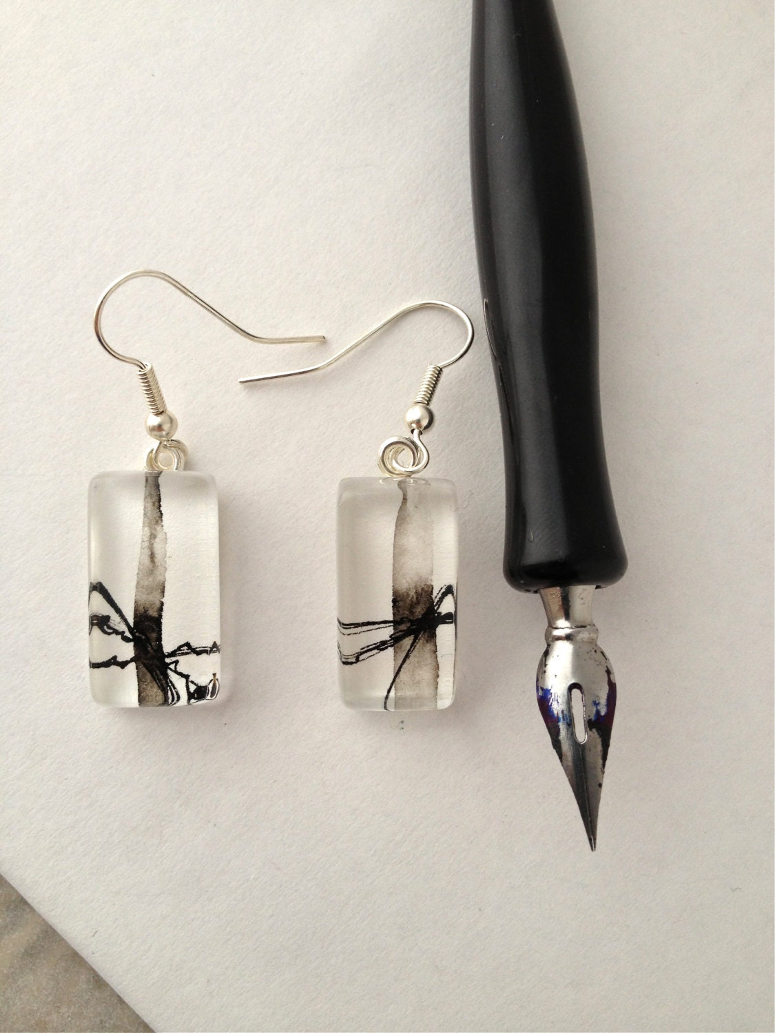 Abstract Black Ink - Wearable Artwork Earrings  - Original Ink Paintings - One of a Kind