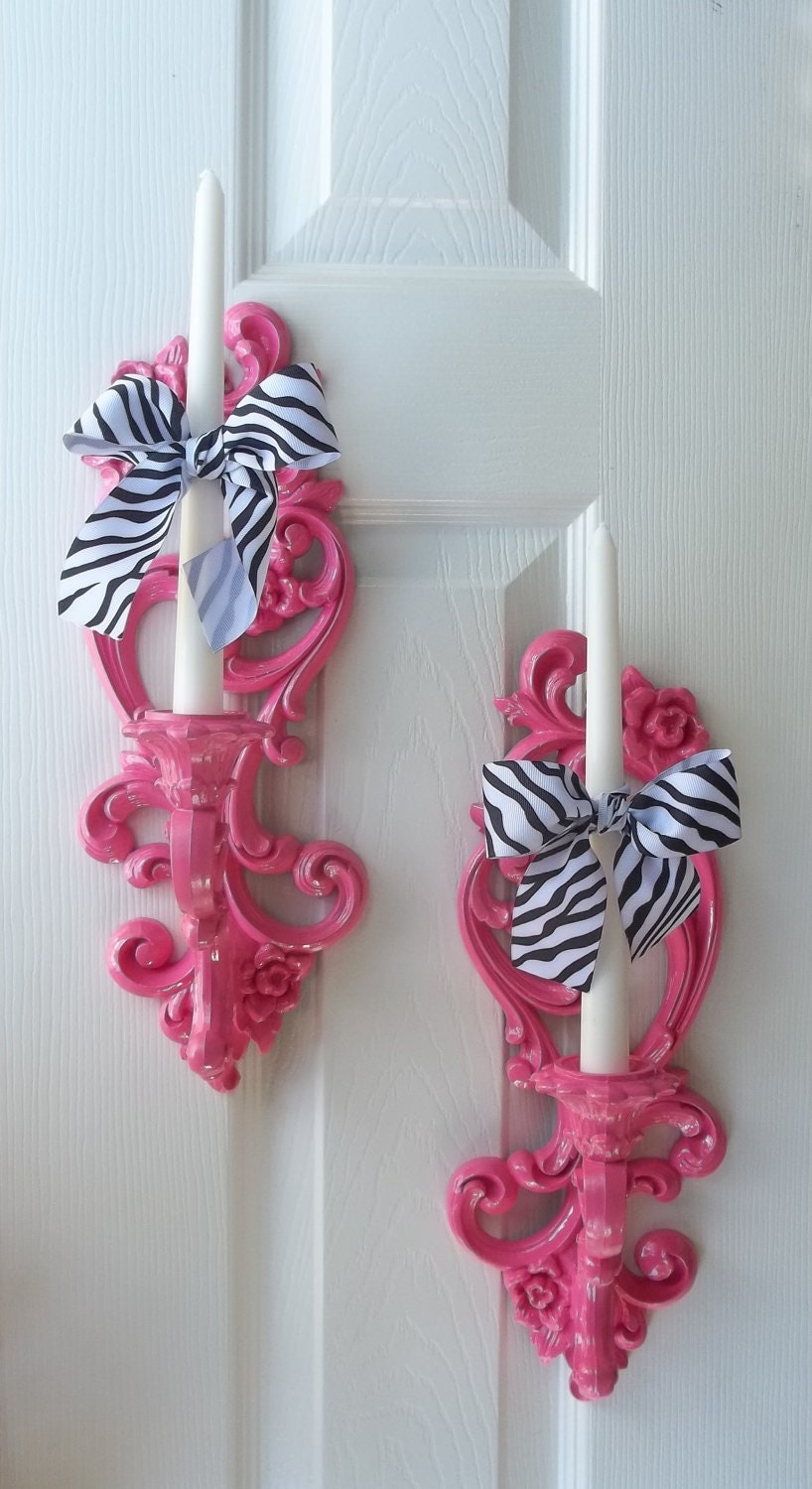 FOR KRISTIN Candle Holder Made To Order Homco Sconce Hot Pink Zebra Vintage Retro