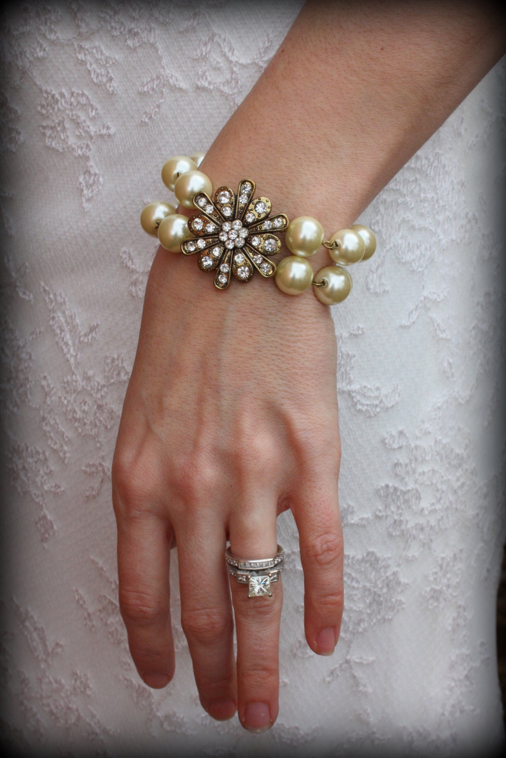 Bridal Bracelet-Wedding Jewelry-Ivory Pearl Bracelet-Vintage Bridal-Rhinestone Flower Brooch-Dream Day Designs