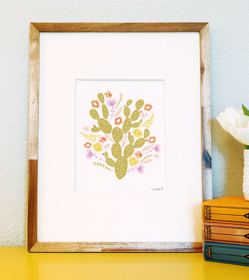 west art print 8 x 10 floral bouquet tribal flowers cactus geometric chic illustration nursery drawing in summer neon and neutral