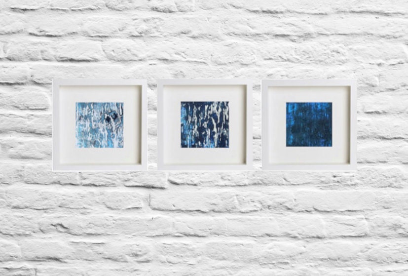 FREE SHIPPING Framed Unique Trio Textured Navy Blue Teal Oil Prints