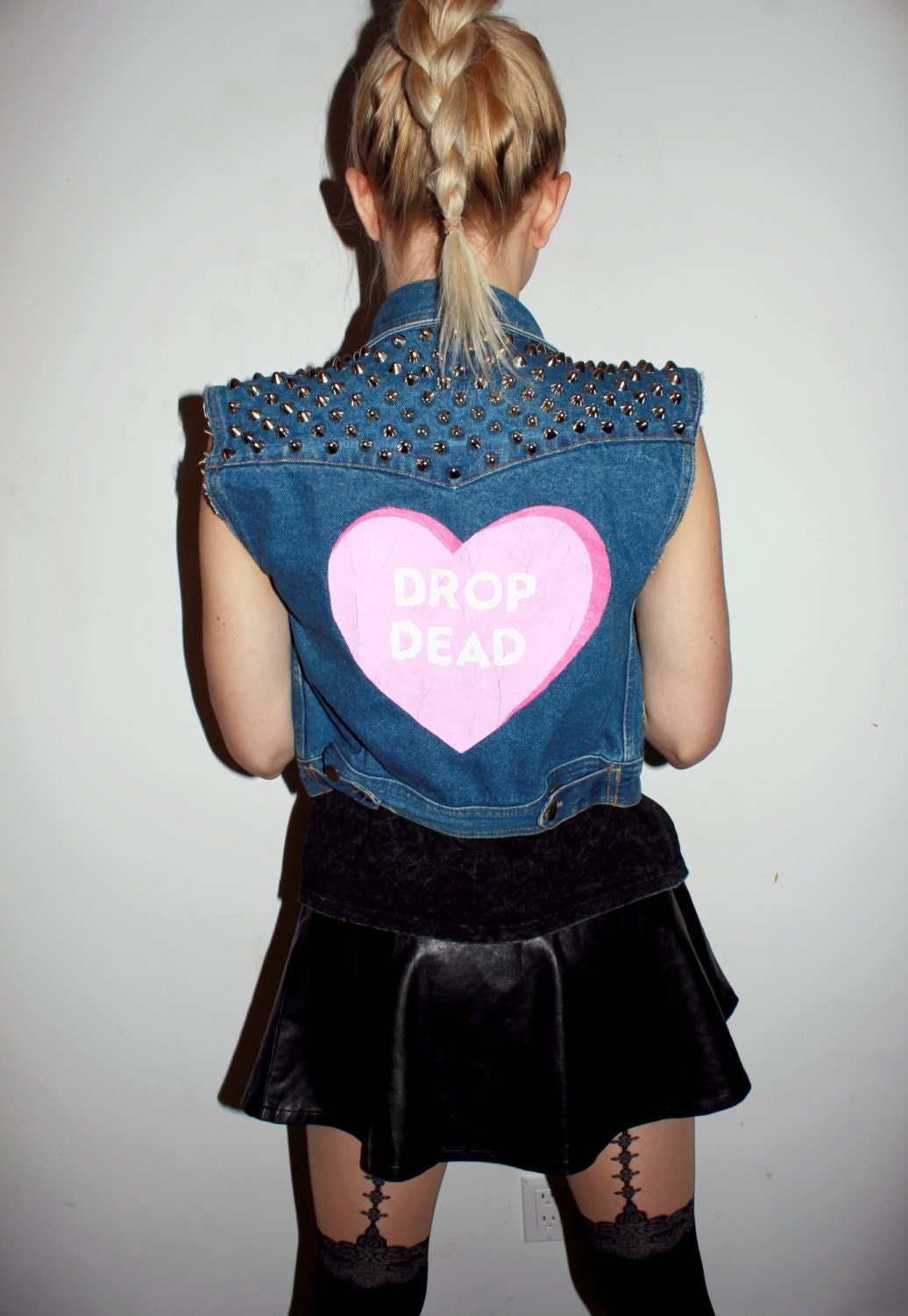 Drop Dead Heart Studded Denim Vest / Anti Valentine's Day / Pink Heart Sleeveless / Jean / Grunge Clothing / Hand Painted One of a Kind