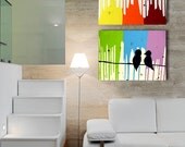 Unique Engagement Gift - Love Birds On A Wire Rainbow Original Acrylic Canvas Painting Home Decor Bedroom Art 20 x 8 by Sarah C. Pilon