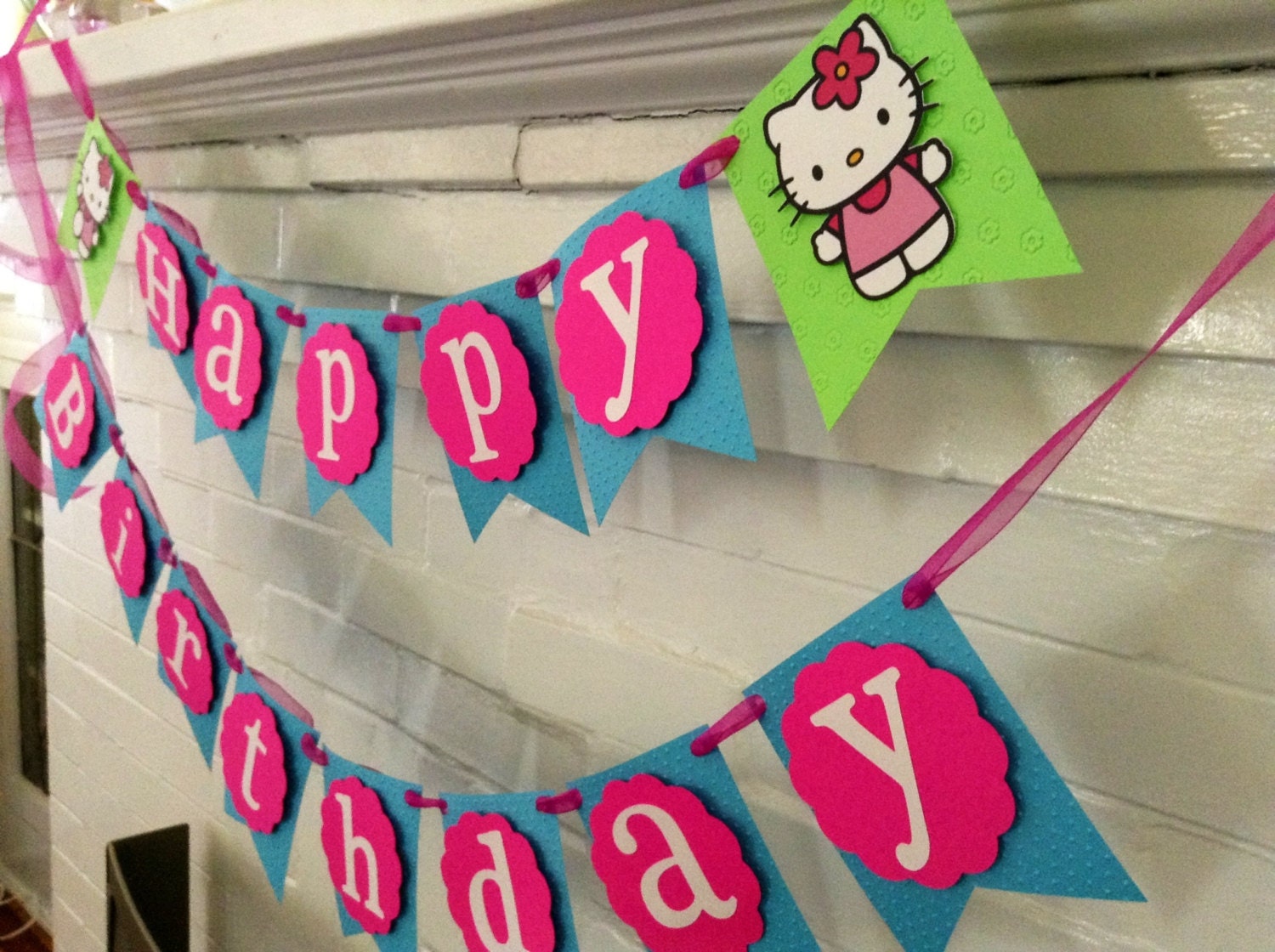 Pink and Turquiose Birthday Banner, Hello Kitty Theme