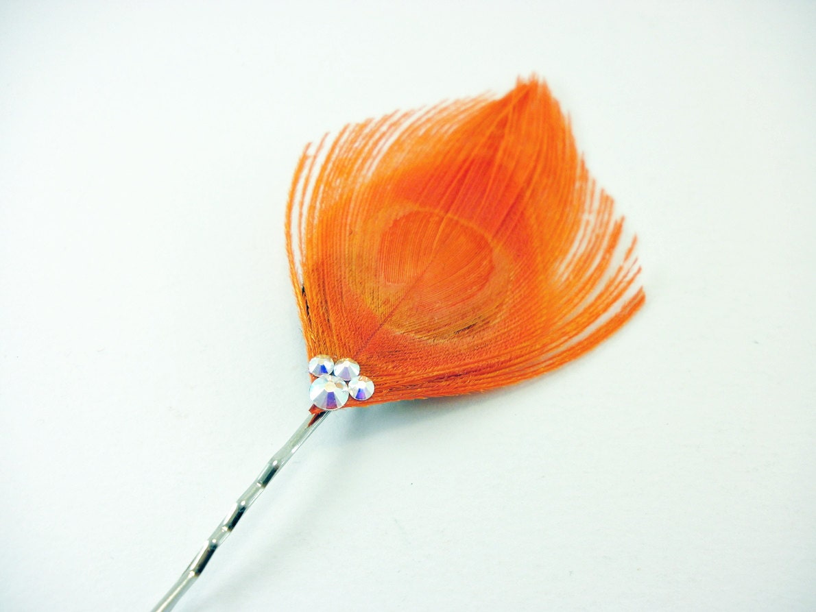 Orange Peacock Feather Hair Pin / Hair Clip / Feather Fascinator / fall peacock wedding / bridesmaids hair / prom