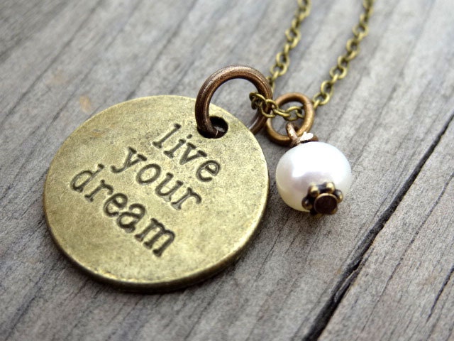 LIVE Your DREAM Bronze White Freshwater Pearl Crystal Bead Necklace Pendant Wire Wrap Handmade Jewelry