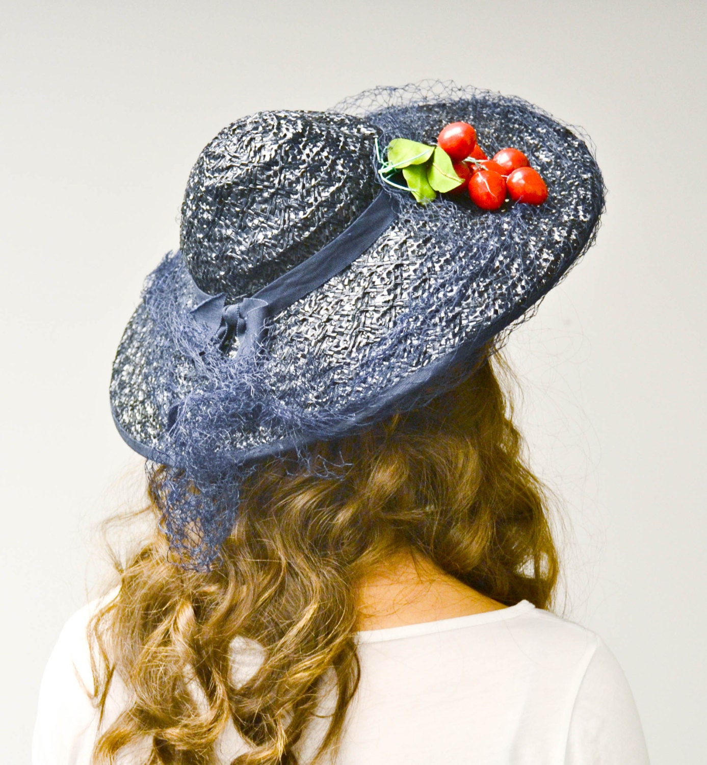 Navy Blue Vintage Hat: 1940s Hat, 40s Hat- Wide Brim Hat, Straw Hat, Floppy Sun Hat