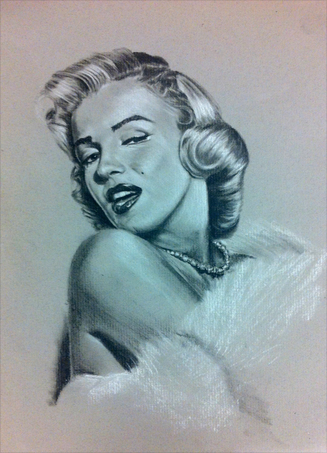 Marilyn Monroe. 12x18 Print of a Reese Hilburn Original Charcoal Drawing on Grey Toned Paper.