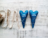 Linen heart magnet coffee sachet azure blue white home decor kitchen decor rustic shabby chic
