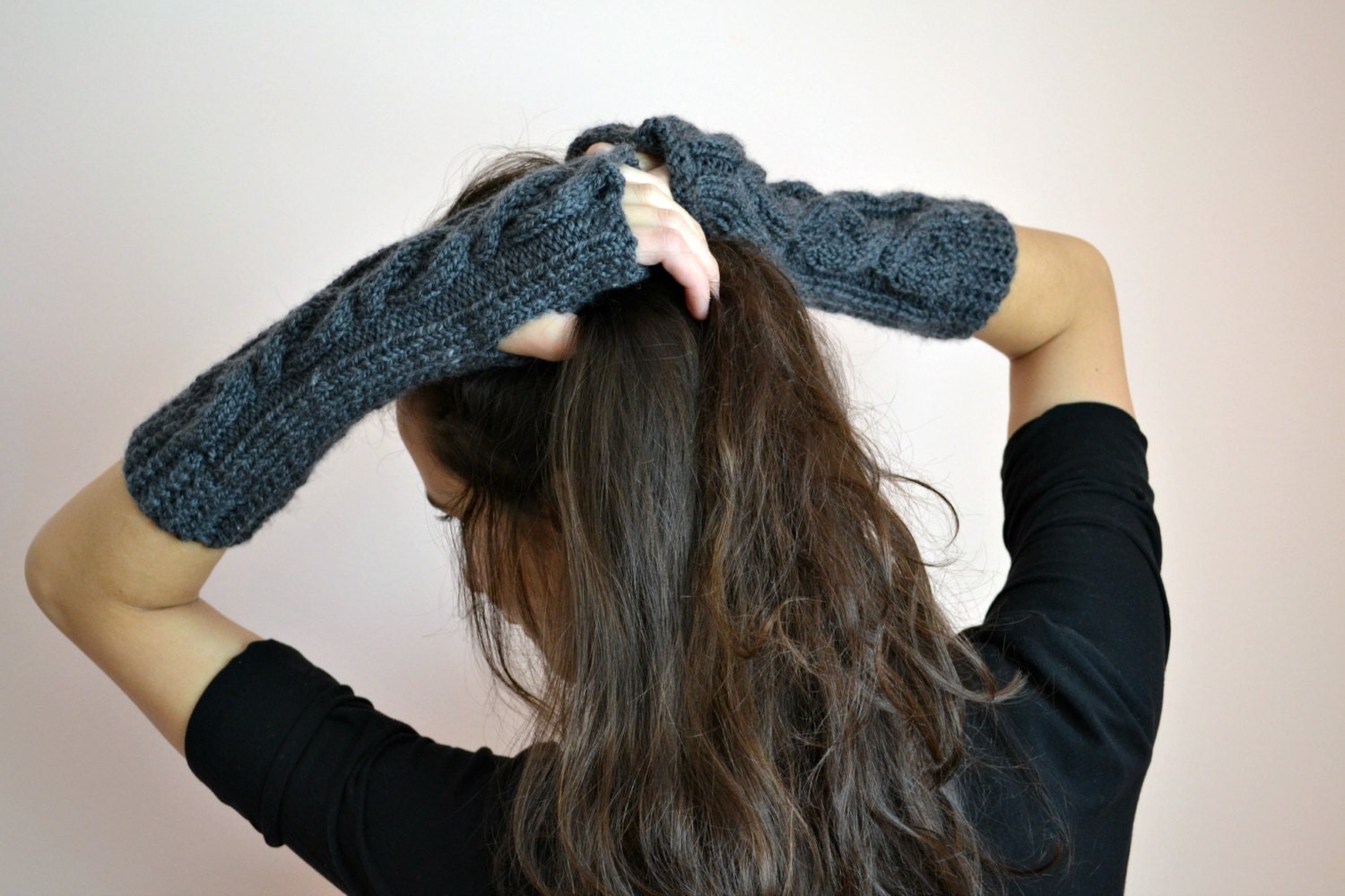 Dark night mittens - long crochet fingerless knit gloves arm warmers fingerless mittens dark gray - ready to ship Etsy UK