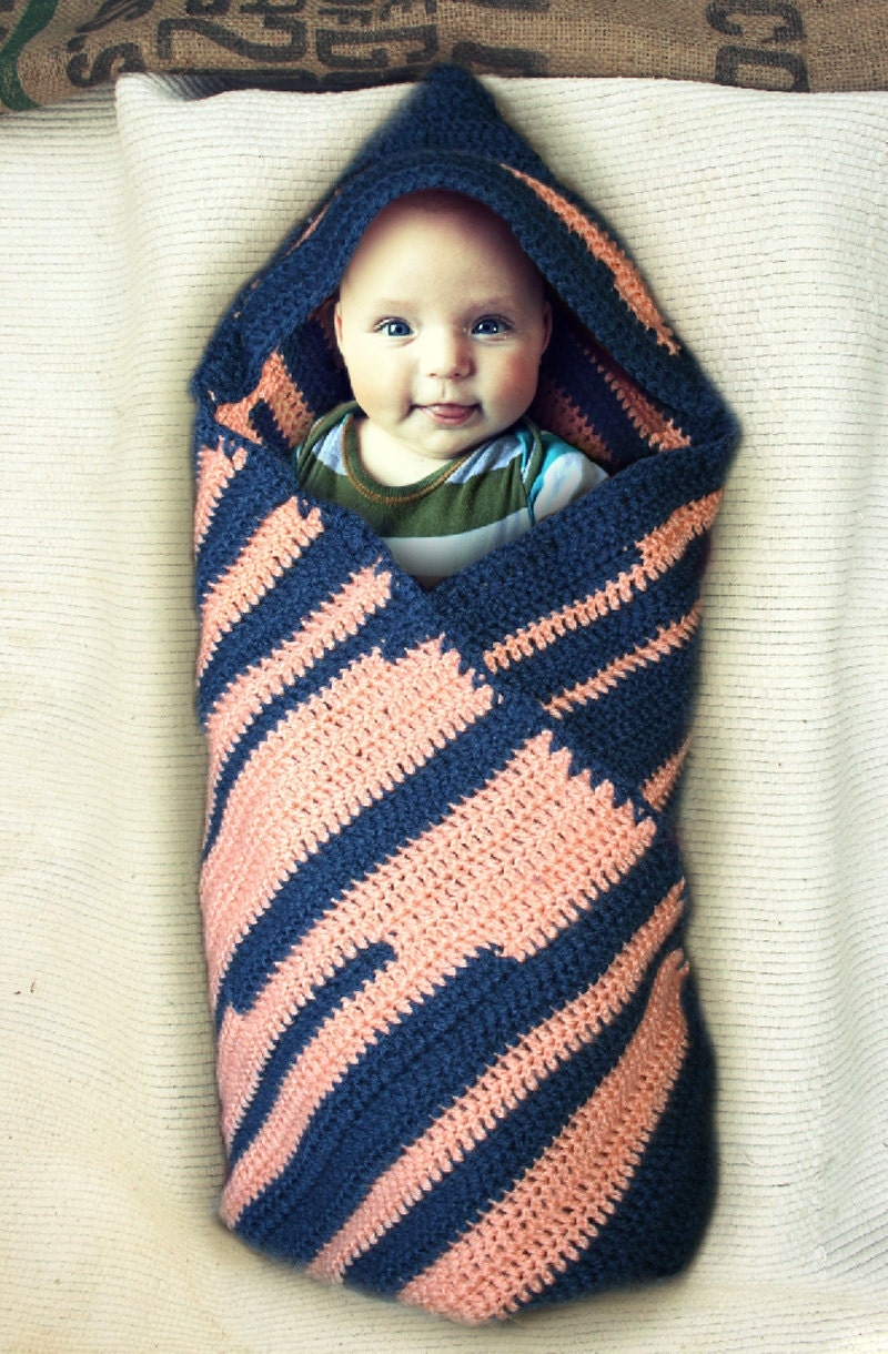 Crocheted hooded striped baby blanket