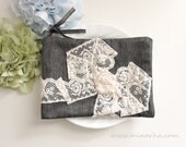 Lace Bow Clutch Beige Bows Bag Denim Makeup Bag Purse Wallet  Zippered Pouch Iphone Handbag for Women