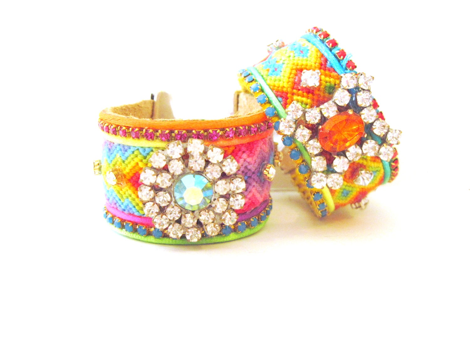 Neon friendship bracelet cuff - friendship cuff, rhinestone friendship bracelet, boho friendship cuff